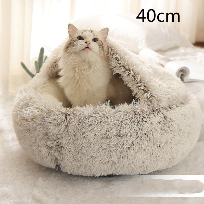 Pet Bed Round Plush Warm Bed House Soft Long Plush Bed  2 In 1 Bed