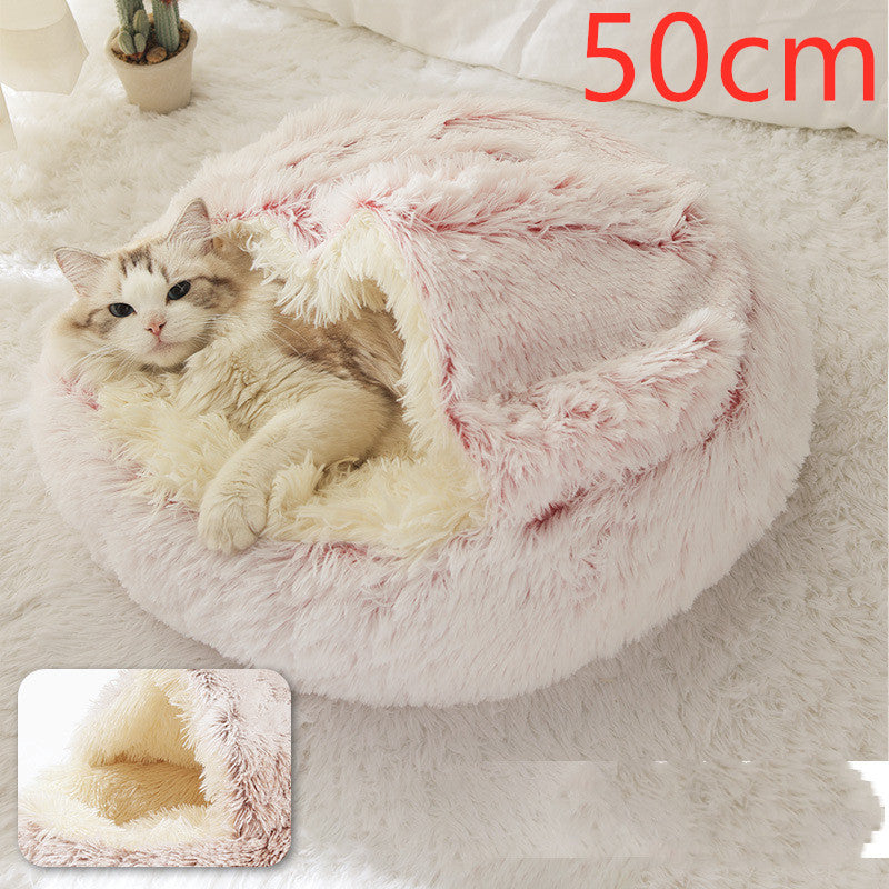 Pet Bed Round Plush Warm Bed House Soft Long Plush Bed  2 In 1 Bed