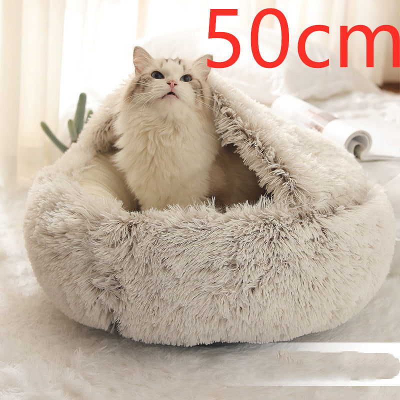 Pet Bed Round Plush Warm Bed House Soft Long Plush Bed  2 In 1 Bed