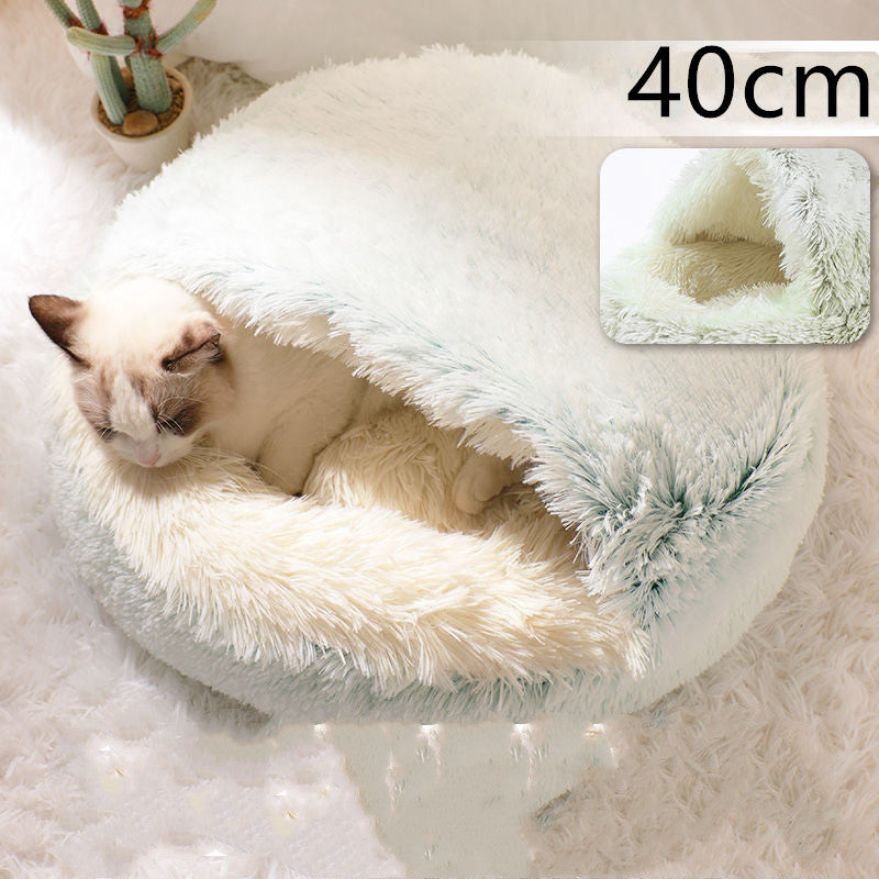 Pet Bed Round Plush Warm Bed House Soft Long Plush Bed  2 In 1 Bed