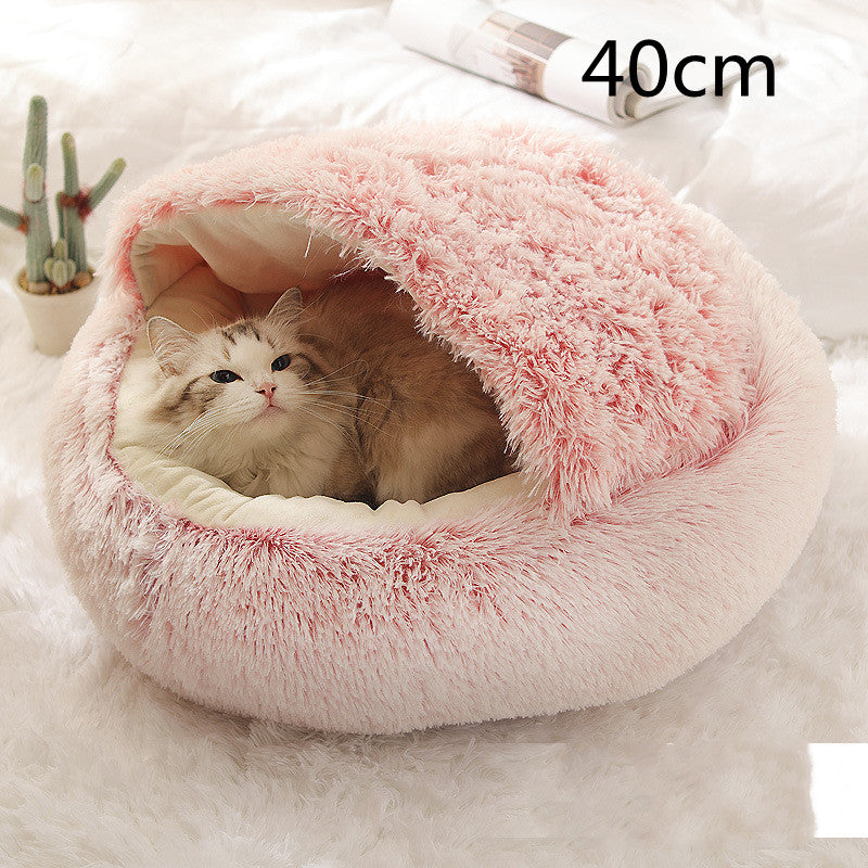 Pet Bed Round Plush Warm Bed House Soft Long Plush Bed  2 In 1 Bed