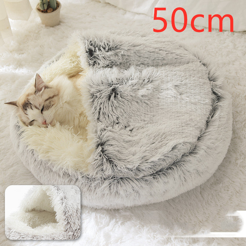 Pet Bed Round Plush Warm Bed House Soft Long Plush Bed  2 In 1 Bed