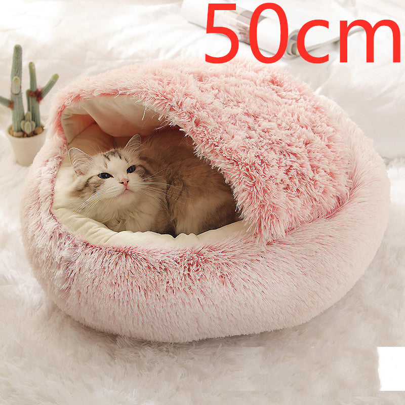 Pet Bed Round Plush Warm Bed House Soft Long Plush Bed  2 In 1 Bed