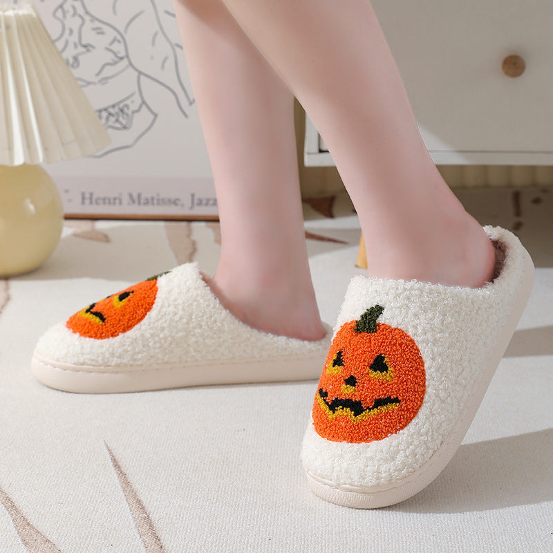 Zapatillas de dibujos animados de calabaza de Halloween, zapatillas cálidas de invierno para hombres y mujeres, zapatos de interior para parejas