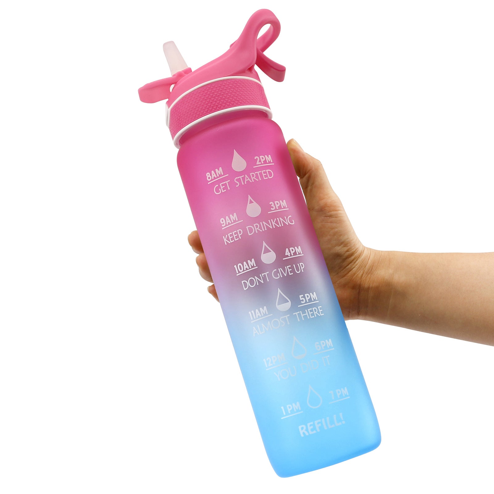 Botella de agua con pulverizador de plástico de 1000ML, cubierta de rebote, taza espacial de paja, botella de agua deportiva