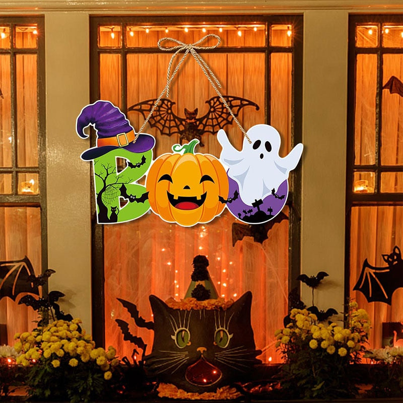 Halloween Party Decoration Halloween Pumpkin Ghost Bat Door Hanging Pendent Trick Or Treat Door Sign Pendant Happy Halloween Day