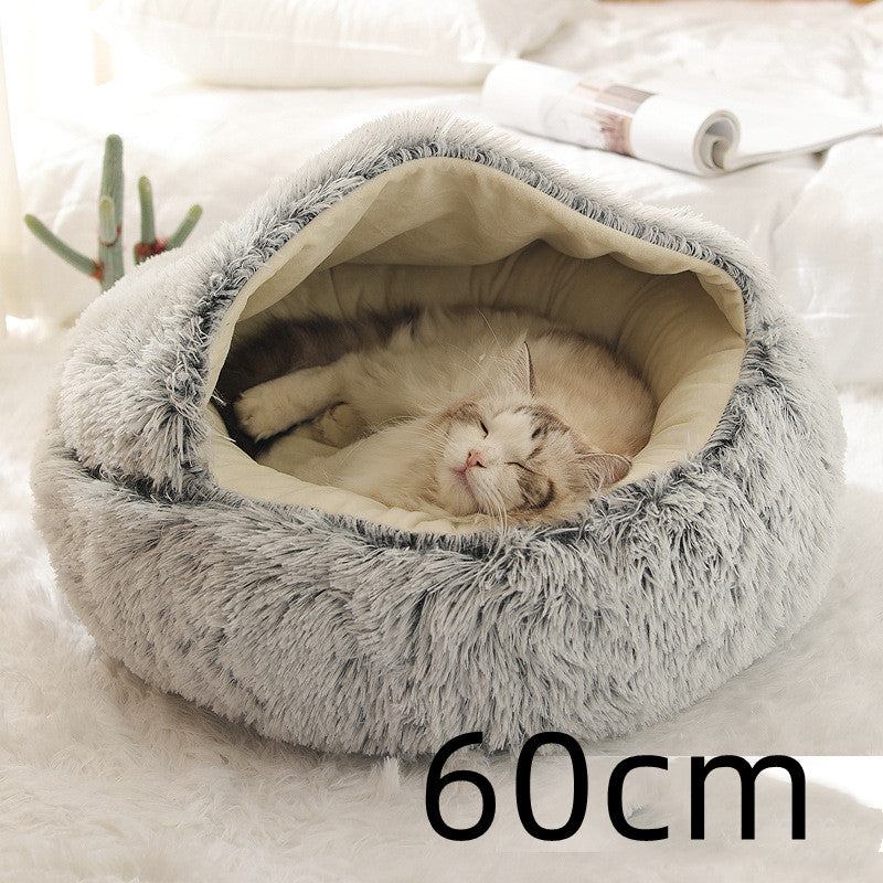 Pet Bed Round Plush Warm Bed House Soft Long Plush Bed  2 In 1 Bed