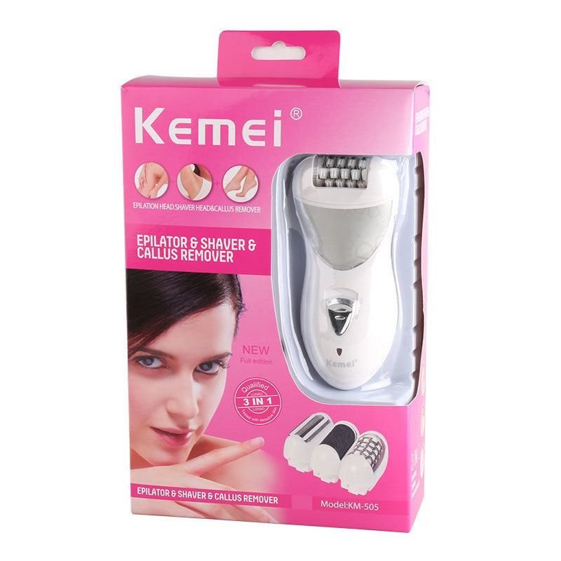 Kemei KM-505 multifuncional Lady Care Plucker Shaver dispositivo eléctrico de pulido de pies tres en uno