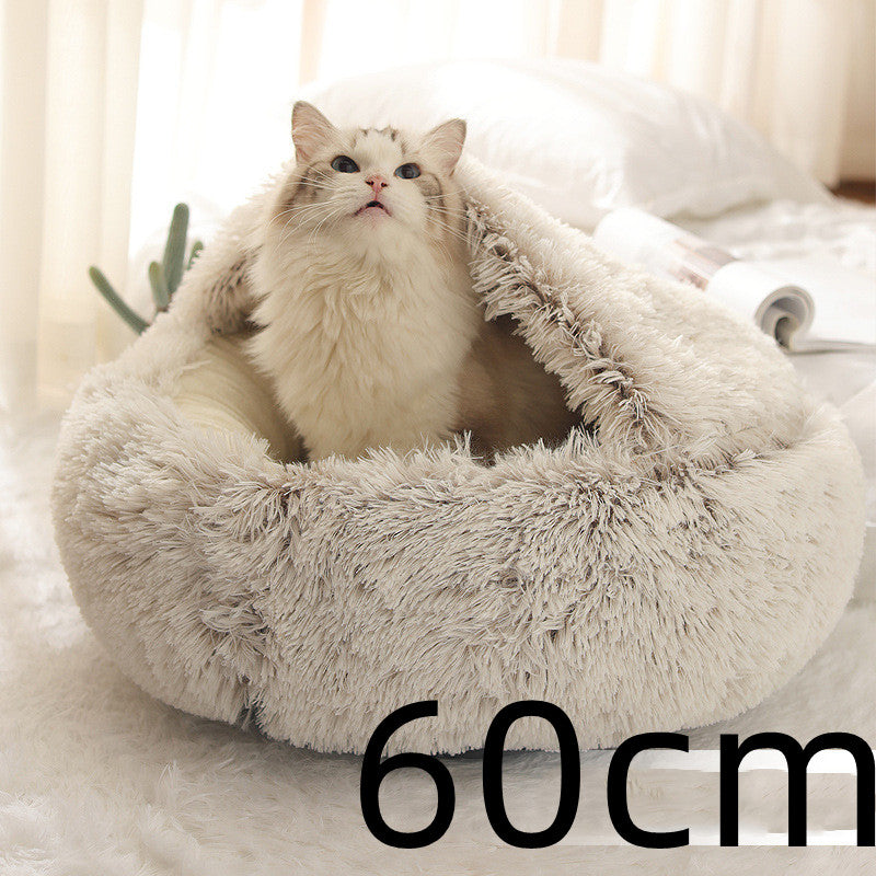 Pet Bed Round Plush Warm Bed House Soft Long Plush Bed  2 In 1 Bed